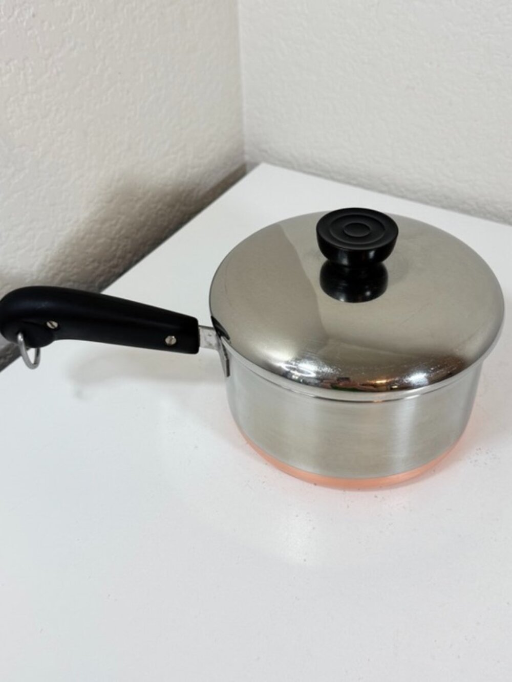 VTG Pre 1968 Revere Ware 1.5 Qt Saucepan Copper Bottm Double Ring Pot w/ Lid EUC